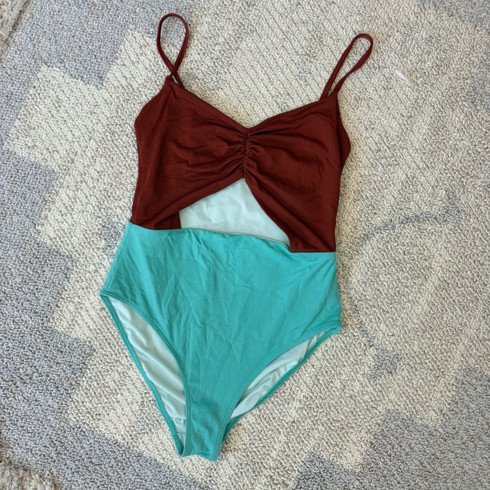 HM Colorblock Swimsuit Turquoise Brown Keyhole Cutout One Piece XS